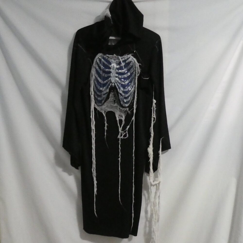 Black Skeleton Reaper Hooded Robe | large | Exposed Rib Cage | Dangling Webbing